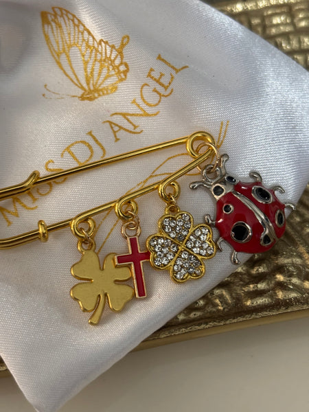 Broche porte bonheur coccinelle,  broche trèfles, épingle de protection, breloques trèfles chance, pendentif croix coccinelle