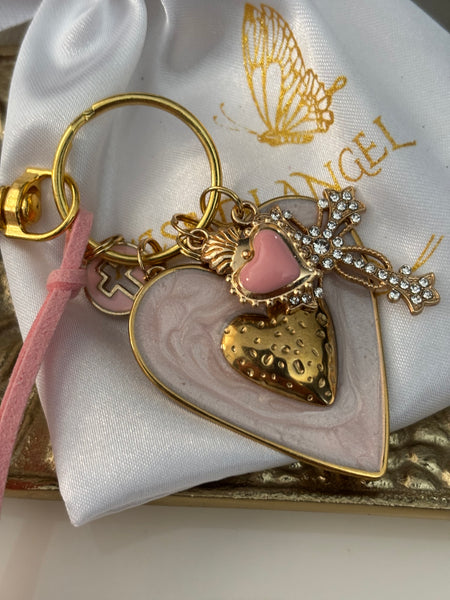 Porte-clés ex-voto cœur sacré et croix , breloques croix strass, pendentifs croix et cœurs roses