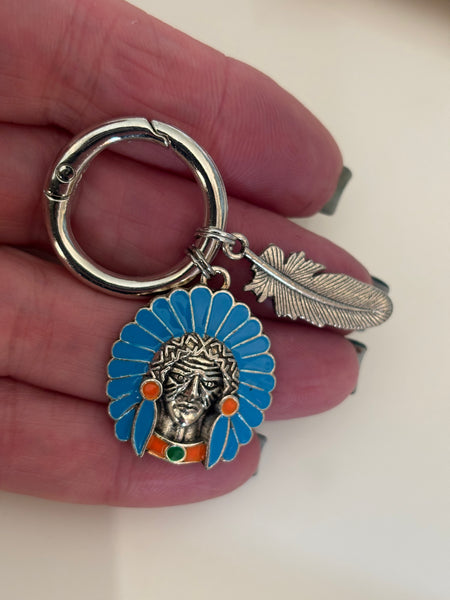 Charms tête d’indien et plume, porte-clé zuni, breloque tête indien, pendentif plume, cadeau porte-clés amérindien