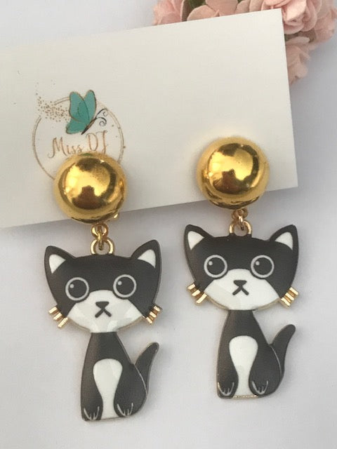 boucles d'oreille chats, clip oreille à chats, breloques chats noirs, cadeau pour femme chat, cadeau femme chaton fait main