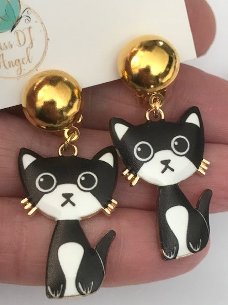 boucles d'oreille chats, clip oreille à chats, breloques chats noirs, cadeau pour femme chat, cadeau femme chaton fait main