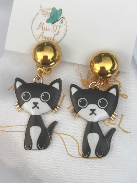 boucles d'oreille chats, clip oreille à chats, breloques chats noirs, cadeau pour femme chat, cadeau femme chaton fait main