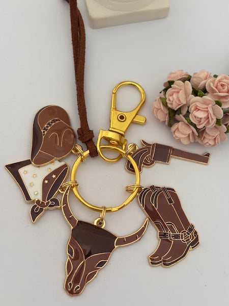 Porte-clés rodéo country, porte-clés fille country, breloque tête boeuf, pendentif bottes et foulard western, cadeau danseuse de country