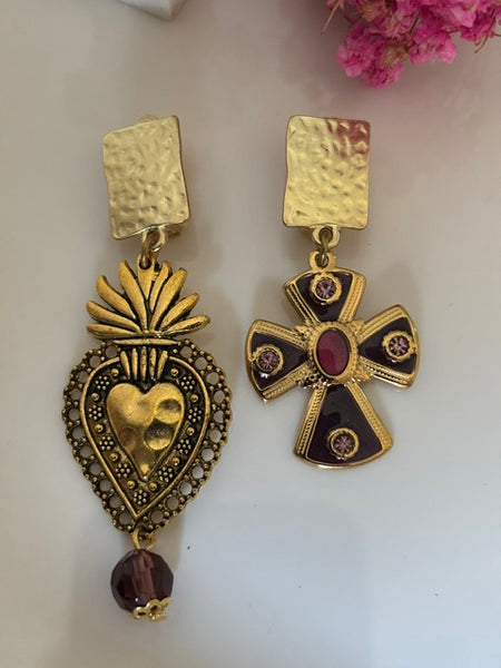 Boucles d'oreilles ex voto, boucles d'oreille coeur sacré, breloque croix et coeur sacré, pendentif ex voto, cadeau religieux cérémonie