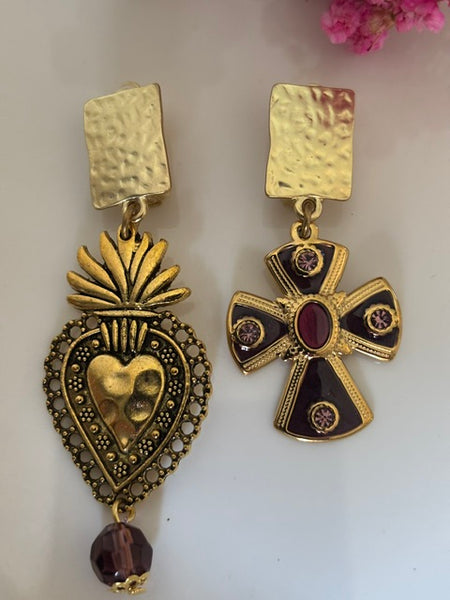 Boucles d'oreilles ex voto, boucles d'oreille coeur sacré, breloque croix et coeur sacré, pendentif ex voto, cadeau religieux cérémonie