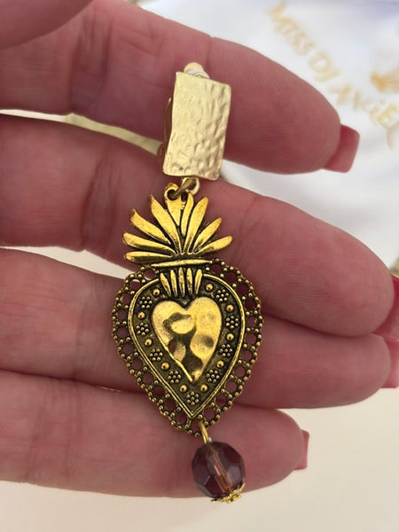 Boucles d'oreilles ex voto, boucles d'oreille coeur sacré, breloque croix et coeur sacré, pendentif ex voto, cadeau religieux cérémonie
