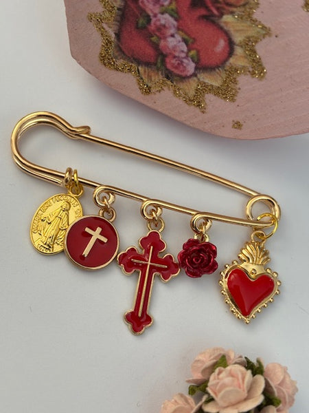 Broche ex voto, broche croix médaille religieuse, cadeau pour maman croix, cadeau pour femme croix, breloque croix coeur sacré