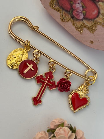 Broche ex voto, broche croix médaille religieuse, cadeau pour maman croix, cadeau pour femme croix, breloque croix coeur sacré