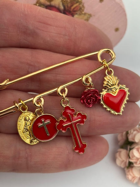 Broche ex voto, broche croix médaille religieuse, cadeau pour maman croix, cadeau pour femme croix, breloque croix coeur sacré