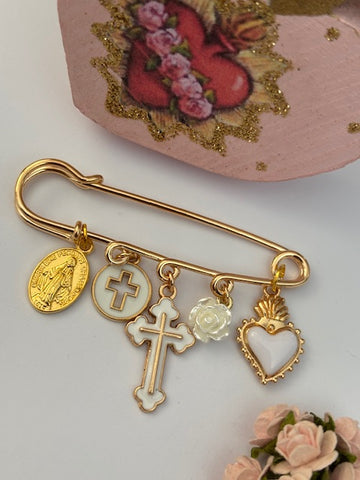 Broche ex voto, broche croix médaille religieuse, cadeau pour maman croix, cadeau pour femme croix, breloque croix coeur sacré blanc