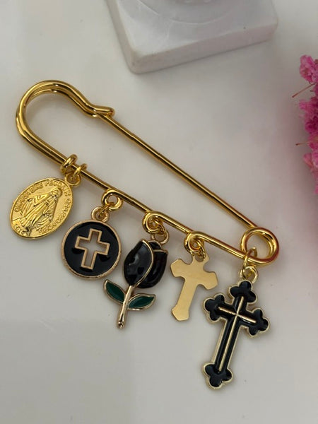 Broche ex voto, broche médaille religieuse, broche épingle porte bonheur, croix et vierge miraculeuse fait main, broche protection tulipe