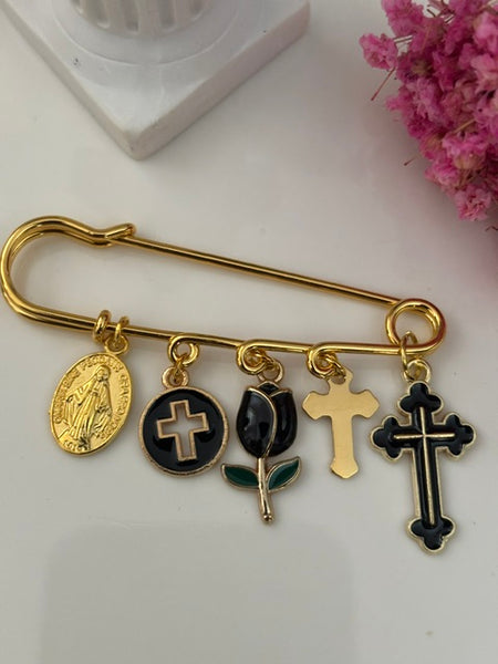 Broche ex voto, broche médaille religieuse, broche épingle porte bonheur, croix et vierge miraculeuse fait main, broche protection tulipe
