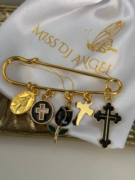 Broche ex voto, broche médaille religieuse, broche épingle porte bonheur, croix et vierge miraculeuse fait main, broche protection tulipe