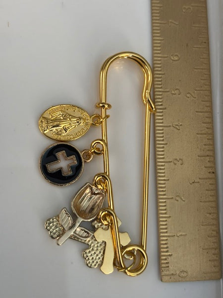 Broche ex voto, broche médaille religieuse, broche épingle porte bonheur, croix et vierge miraculeuse fait main, broche protection tulipe