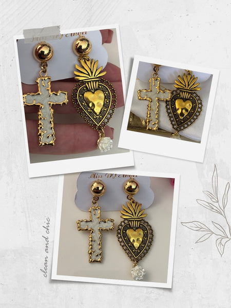Boucles d'oreilles ex voto, boucles d'oreille coeur sacré, breloque croix et coeur sacré, pendentif ex voto, cadeau religieux cérémonie