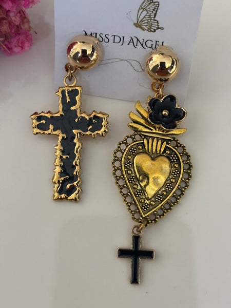 Boucles d'oreilles ex voto, boucles d'oreille coeur sacré, breloque croix et coeur sacré, pendentif ex voto, cadeau religieux cérémonie