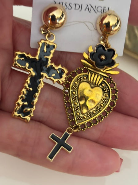 Boucles d'oreilles ex voto, boucles d'oreille coeur sacré, breloque croix et coeur sacré, pendentif ex voto, cadeau religieux cérémonie