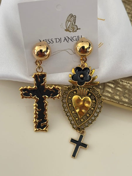 Boucles d'oreilles ex voto, boucles d'oreille coeur sacré, breloque croix et coeur sacré, pendentif ex voto, cadeau religieux cérémonie