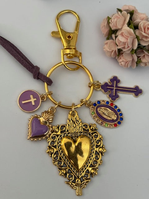 Porte-clés coeur sacré et croix, cadeau pour maman ex voto, breloque médaille miraculeuse, porte clé croix coeur sacré, porte clé violet