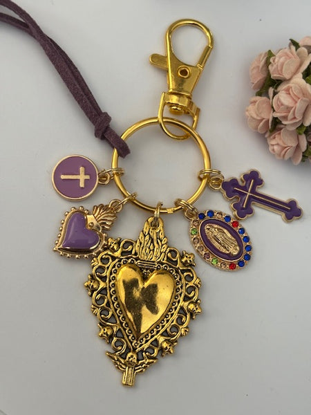Porte-clés coeur sacré et croix, cadeau pour maman ex voto, breloque médaille miraculeuse, porte clé croix coeur sacré, porte clé violet