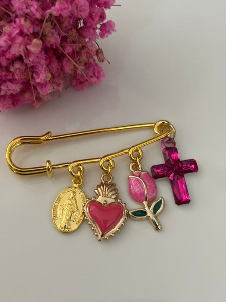 Broche ex voto, broche cérémonie religieuse, broche romantique coeur sacré, cadeau pour femme croix et médaille, breloque miraculeuse