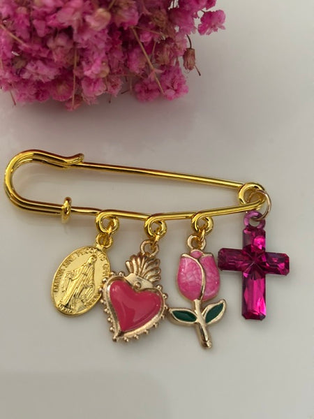 Broche ex voto, broche cérémonie religieuse, broche romantique coeur sacré, cadeau pour femme croix et médaille, breloque miraculeuse