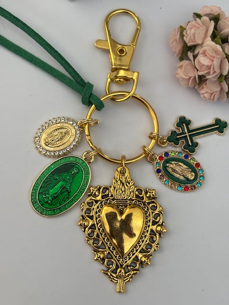 Porte-clés vierge Marie coeur sacré et croix, cadeau pour maman vierge, breloque vierge médaille miraculeuse, porte clé croix ex voto