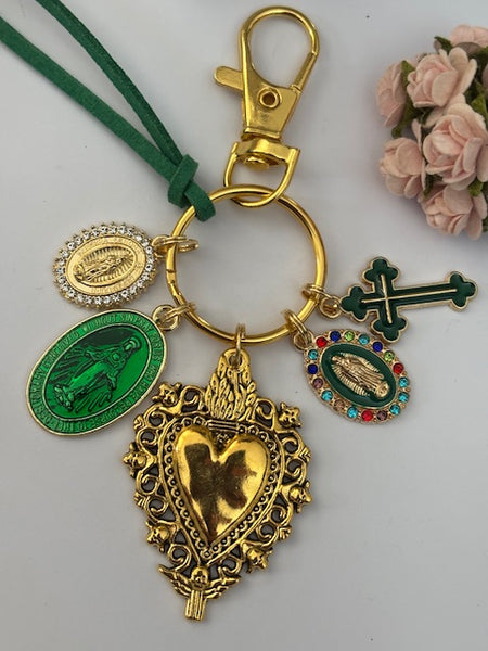Porte-clés vierge Marie coeur sacré et croix, cadeau pour maman vierge, breloque vierge médaille miraculeuse, porte clé croix ex voto