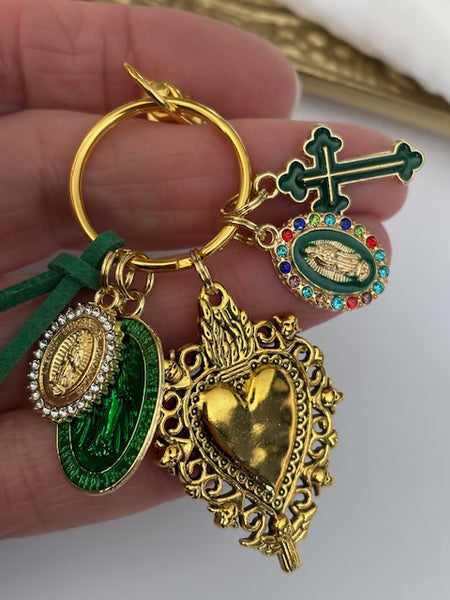 Porte-clés vierge Marie coeur sacré et croix, cadeau pour maman vierge, breloque vierge médaille miraculeuse, porte clé croix ex voto