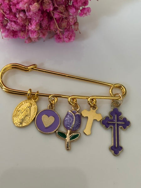 Broche ex voto, broche croix médaille religieuse, cadeau pour maman croix, cadeau pour femme croix, breloque croix violette, pendentif tulipe, collection capsule tulipe