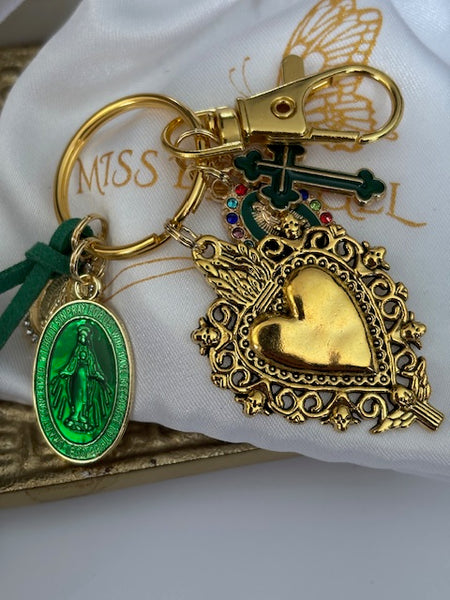 Porte-clés vierge Marie coeur sacré et croix, cadeau pour maman vierge, breloque vierge médaille miraculeuse, porte clé croix ex voto