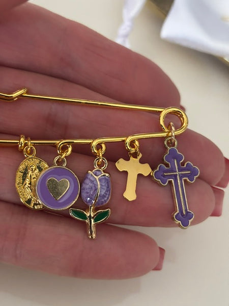 Broche ex voto, broche croix médaille religieuse, cadeau pour maman croix, cadeau pour femme croix, breloque croix violette, pendentif tulipe, collection capsule tulipe