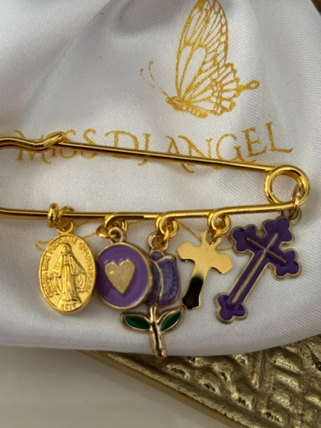 Broche ex voto, broche croix médaille religieuse, cadeau pour maman croix, cadeau pour femme croix, breloque croix violette, pendentif tulipe, collection capsule tulipe