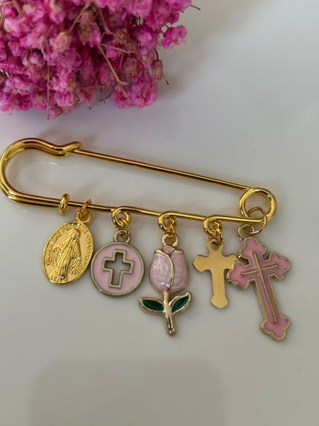 Broche ex voto, broche croix médaille religieuse, cadeau pour maman croix, cadeau pour femme croix, breloque croix rose, pendentif tulipe, collection capsule tulipe