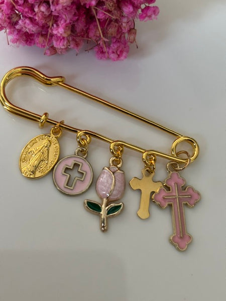 Broche ex voto, broche croix médaille religieuse, cadeau pour maman croix, cadeau pour femme croix, breloque croix rose, pendentif tulipe, collection capsule tulipe