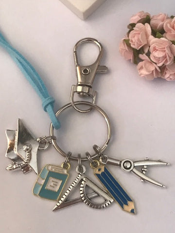 Porte clés diplôme de fin d'études, porte clés école, cadeau pour étudiant, cadeau pour école équerre crayon, pendentif crayon compas
