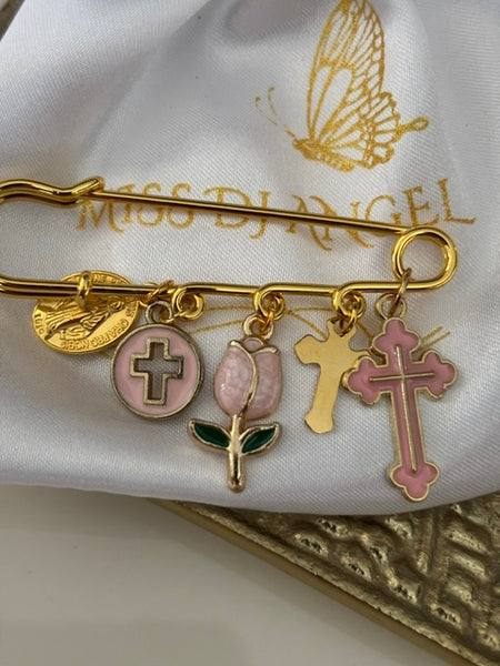 Broche ex voto, broche croix médaille religieuse, cadeau pour maman croix, cadeau pour femme croix, breloque croix rose, pendentif tulipe, collection capsule tulipe