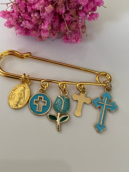 Broche ex voto, broche croix médaille religieuse, cadeau pour maman croix, cadeau pour femme croix, breloque croix bleue, pendentif tulipe, collection capsule tulipe