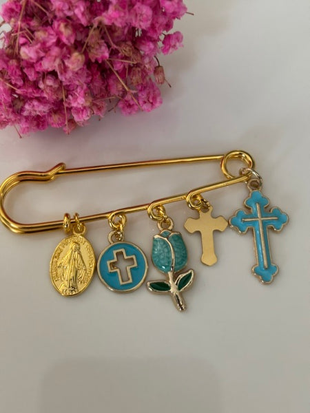 Broche ex voto, broche croix médaille religieuse, cadeau pour maman croix, cadeau pour femme croix, breloque croix bleue, pendentif tulipe, collection capsule tulipe