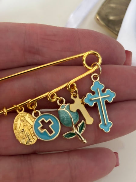 Broche ex voto, broche croix médaille religieuse, cadeau pour maman croix, cadeau pour femme croix, breloque croix bleue, pendentif tulipe, collection capsule tulipe