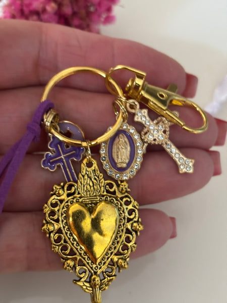 Porte-clés vierge Marie coeur sacré et croix, cadeau pour maman vierge, breloque vierge médaille miraculeuse, porte clé vierge croix, coeur sacré pendentif