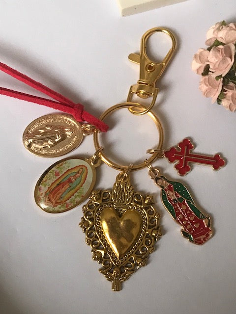 Porte-clés vierge Marie coeur sacré et croix, cadeau pour maman vierge de la Guadeloupe, breloque vierge médaille miraculeuse, ex voto bijou