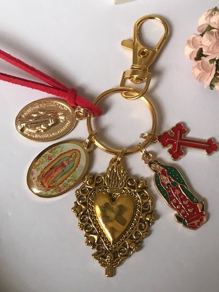 Porte-clés vierge Marie coeur sacré et croix, cadeau pour maman vierge de la Guadeloupe, breloque vierge médaille miraculeuse, ex voto bijou