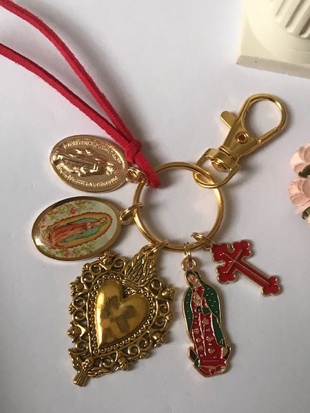 Porte-clés vierge Marie coeur sacré et croix, cadeau pour maman vierge de la Guadeloupe, breloque vierge médaille miraculeuse, ex voto bijou