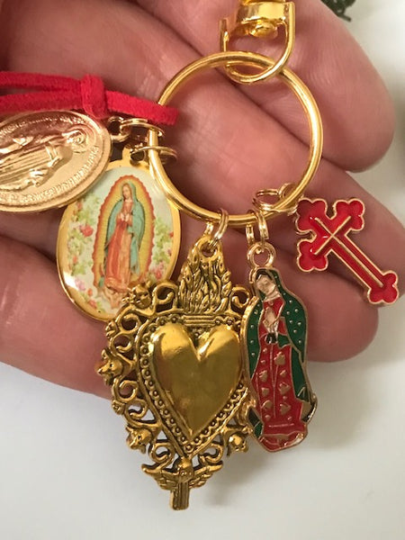 Porte-clés vierge Marie coeur sacré et croix, cadeau pour maman vierge de la Guadeloupe, breloque vierge médaille miraculeuse, ex voto bijou