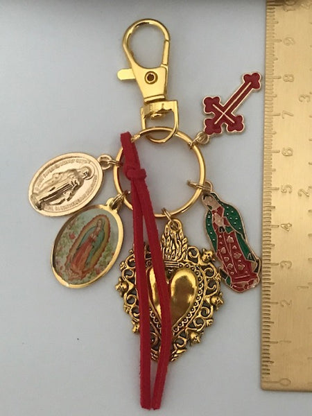 Porte-clés vierge Marie coeur sacré et croix, cadeau pour maman vierge de la Guadeloupe, breloque vierge médaille miraculeuse, ex voto bijou
