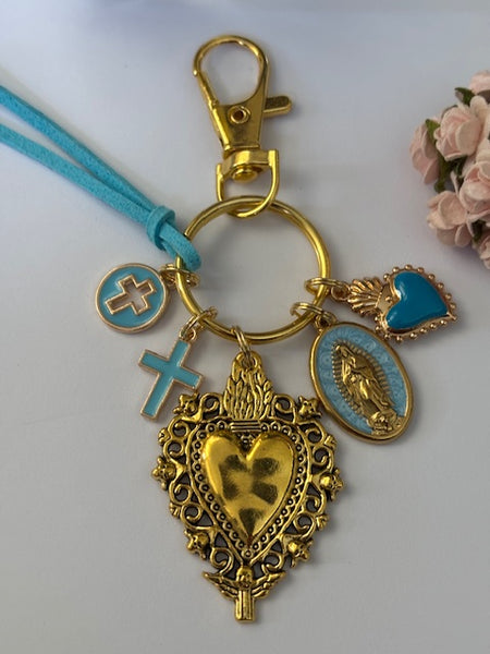 Porte-clés vierge Marie coeur sacré et croix, cadeau pour maman vierge, breloque vierge médaille miraculeuse, porte clés ex voto
