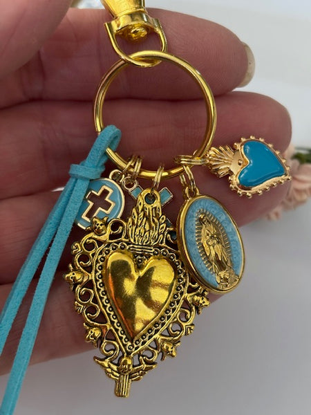 Porte-clés vierge Marie coeur sacré et croix, cadeau pour maman vierge, breloque vierge médaille miraculeuse, porte clés ex voto