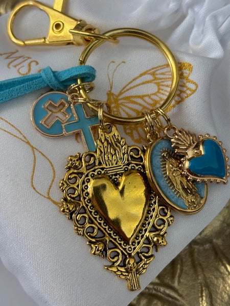 Porte-clés vierge Marie coeur sacré et croix, cadeau pour maman vierge, breloque vierge médaille miraculeuse, porte clés ex voto