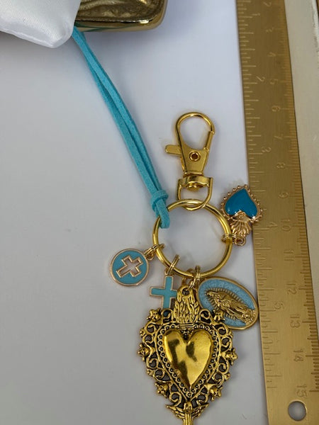 Porte-clés vierge Marie coeur sacré et croix, cadeau pour maman vierge, breloque vierge médaille miraculeuse, porte clés ex voto